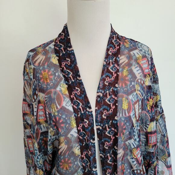 Anna Sui Silk Kimono Open Front Sheer Metallic Gold Purple Women Medium Large - Picture 4 of 13